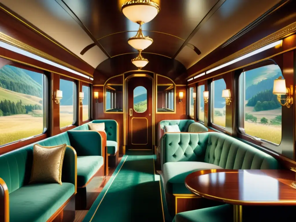 Experiencias de viaje de lujo en transporte: lujoso tren vintage recorriendo paisaje montañoso con detalles elegantes en su interior