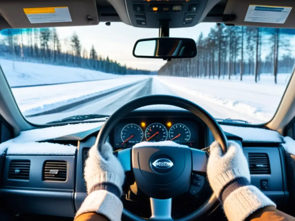 Experimentado conductor de transporte frío enfrenta desafíos invernales al agarrar el volante en carretera nevada