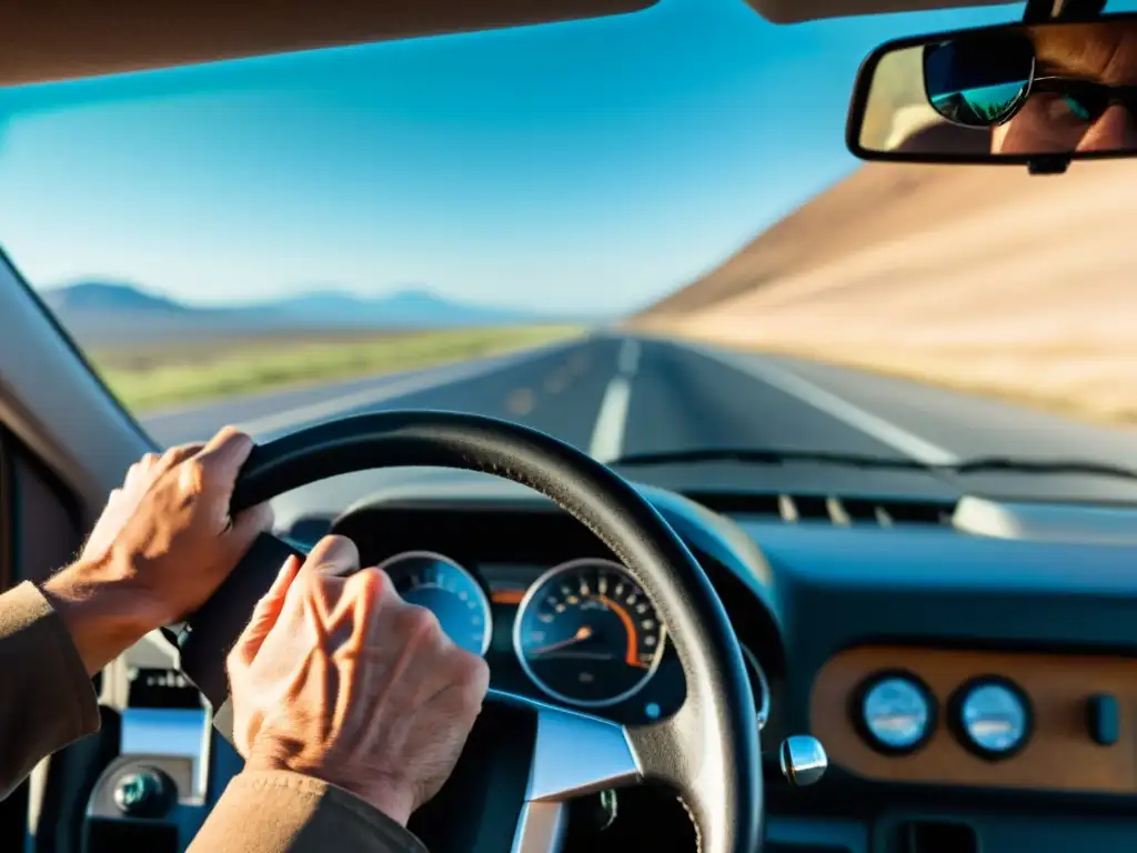 Experimentado conductor de transporte frío, con manos firmes en el volante, reflejando la seriedad y responsabilidad de su perspectiva en la carretera