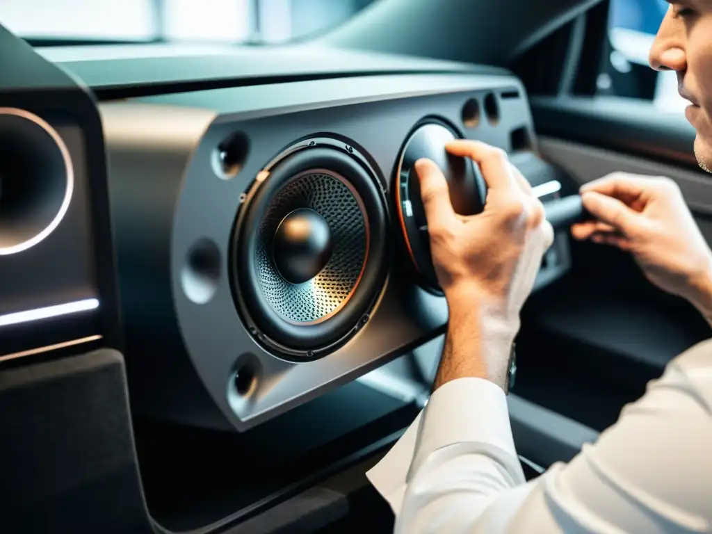 Instalación experta de sistema de audio de alta gama en vehículo moderno Instalación experta de sistemas de audio de alta fidelidad para coches en un vehículo moderno, resaltando precisión y tecnología sofisticada