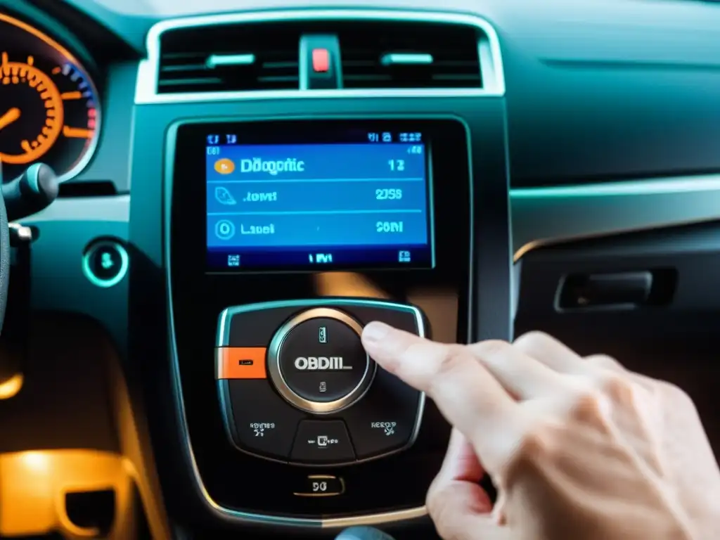 Un experto conecta un dispositivo de diagnóstico OBDII al coche en una atmósfera práctica y profesional