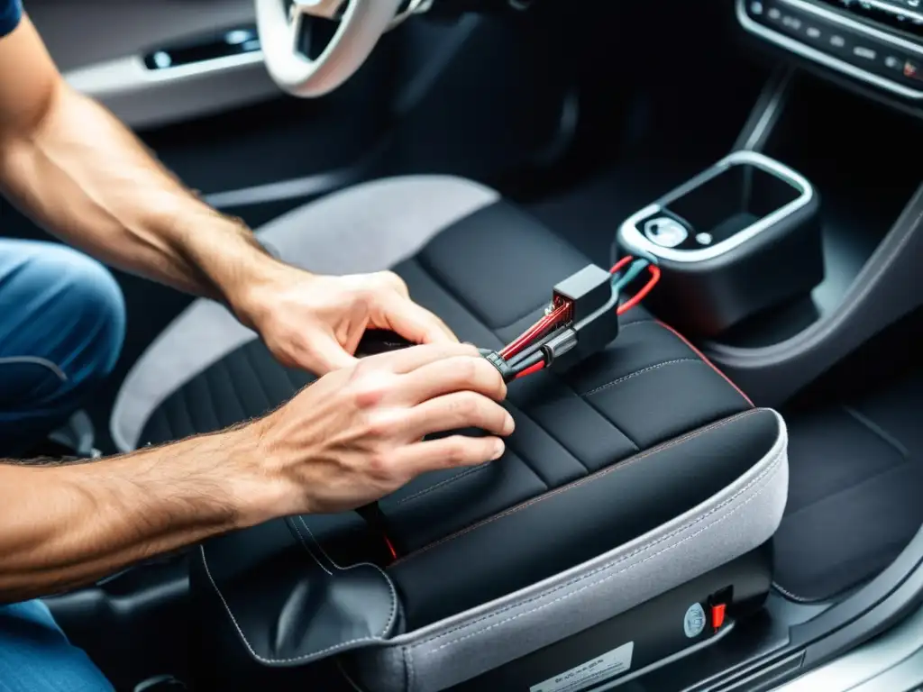 Un experto en tecnología ajusta la temperatura de los asientos del coche con precisión, en un entorno avanzado y detallado