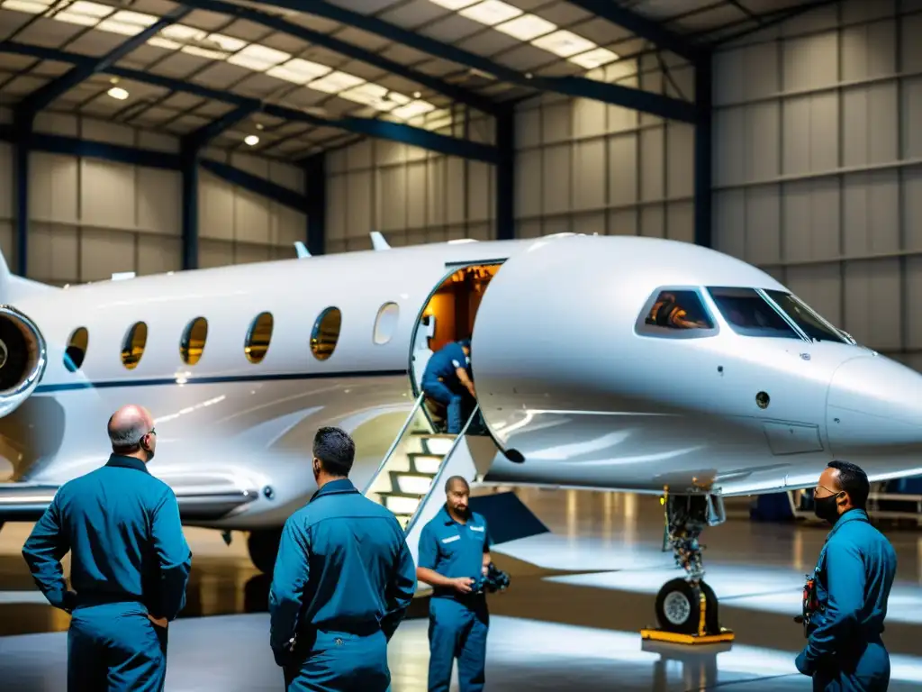 Expertos en mantenimiento de jets privados garantizan la seguridad y rendimiento en un hangar de aviación de alta gama