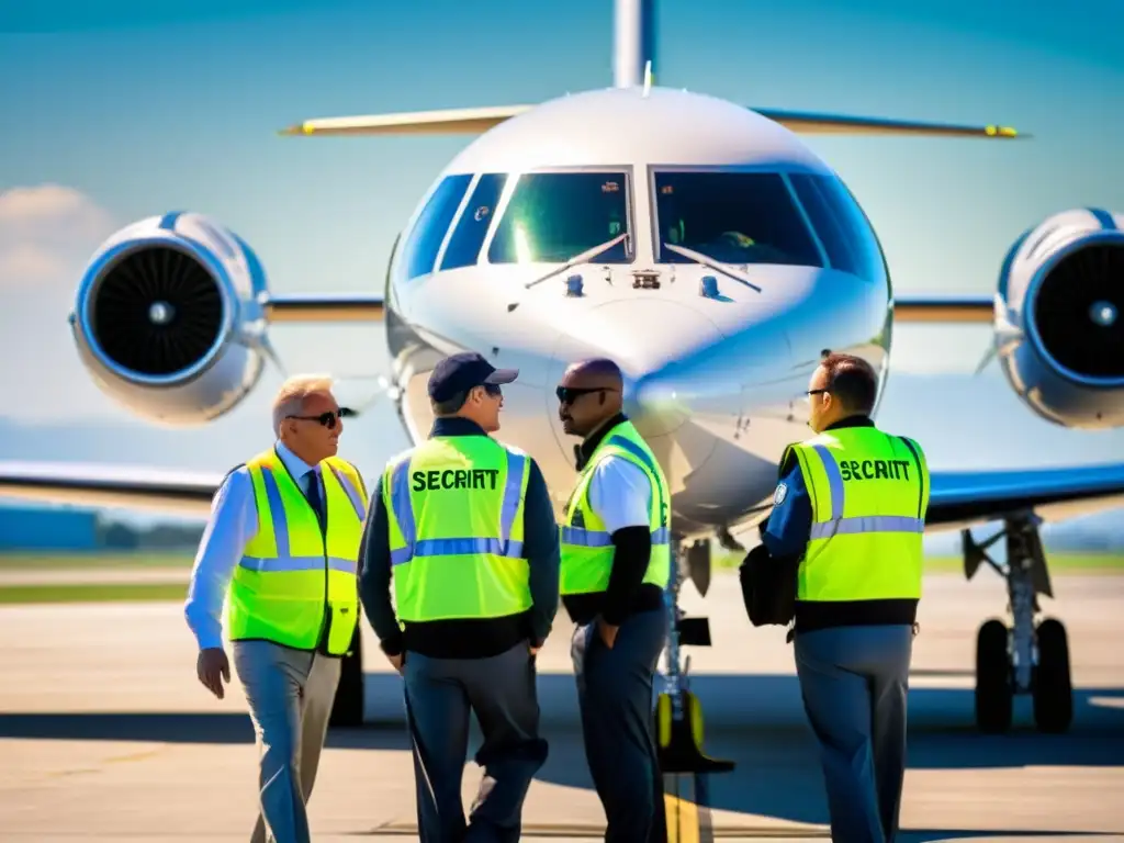 Expertos en seguridad de la aviación privada inspeccionan minuciosamente el avión en el tarmac, cumpliendo protocolos seguridad aviación privada