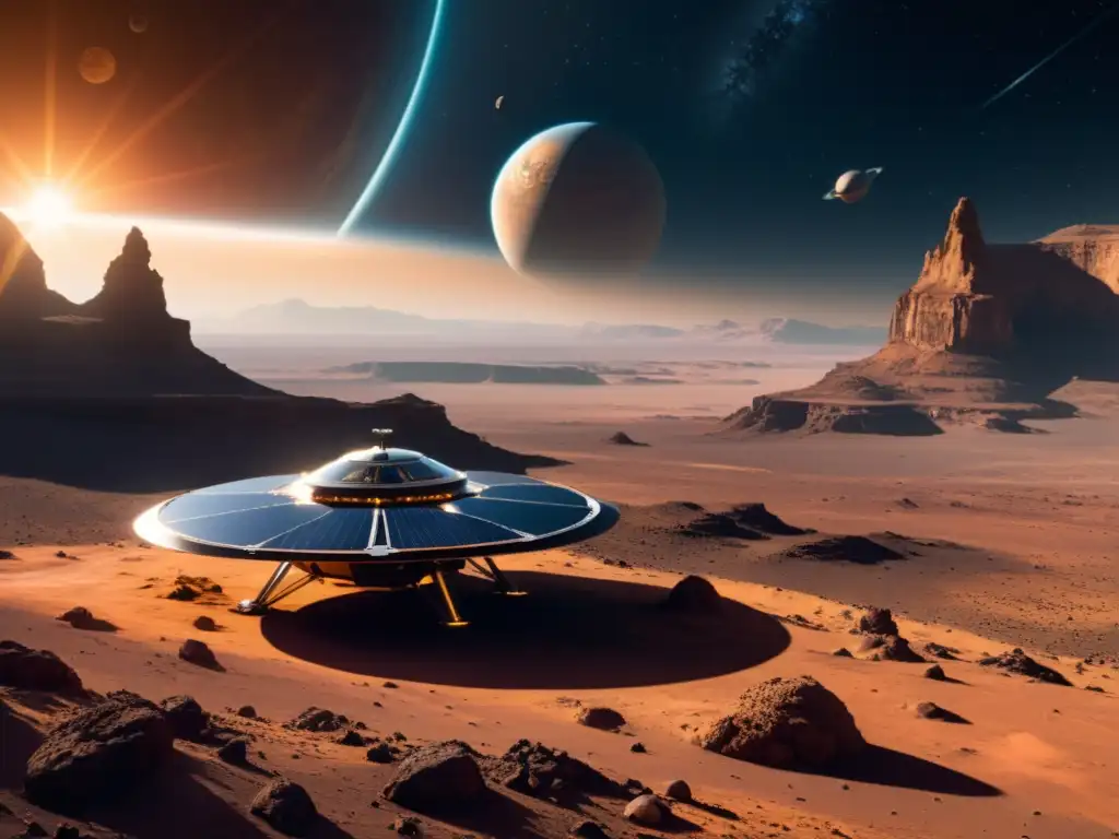 Nave espacial futurista recolecta muestras en planeta alienígena Exploración espacial en un planeta alienígena con desarrollo de sondas espaciales en el sistema solar