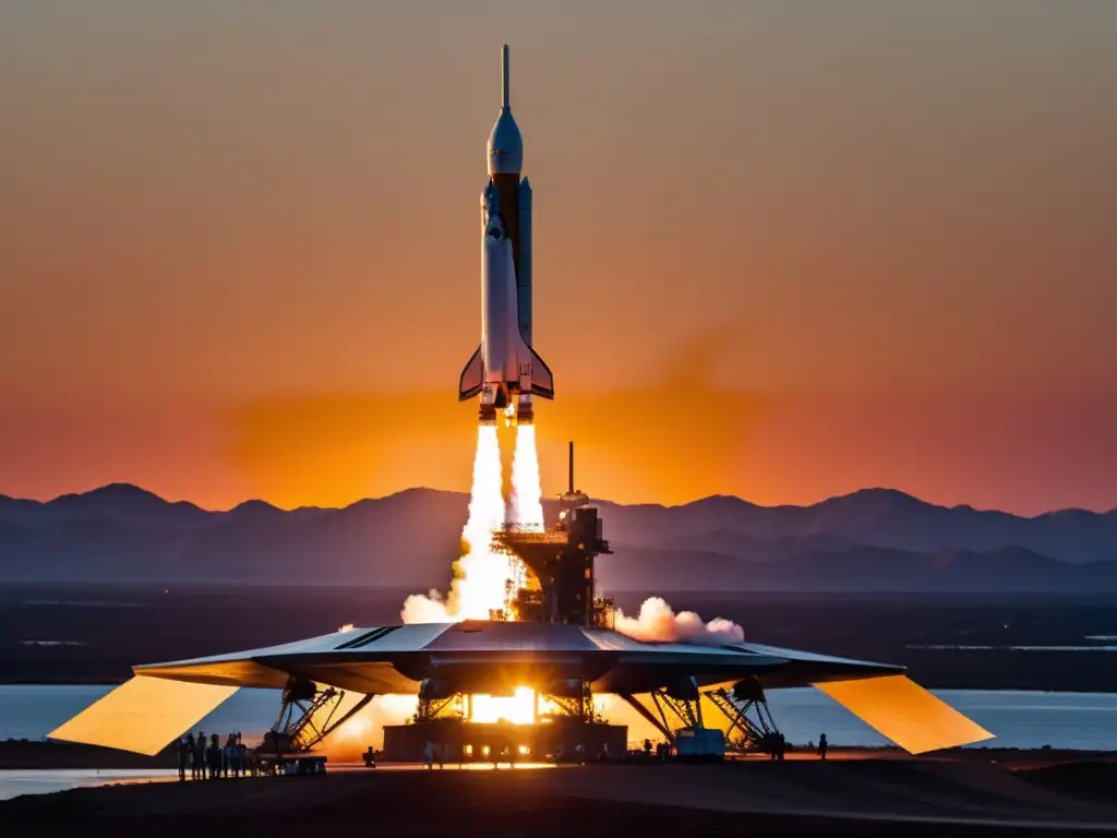 Exploración espacial con Starship de SpaceX: Imagen detallada de la nave en la plataforma, iluminada por el atardecer