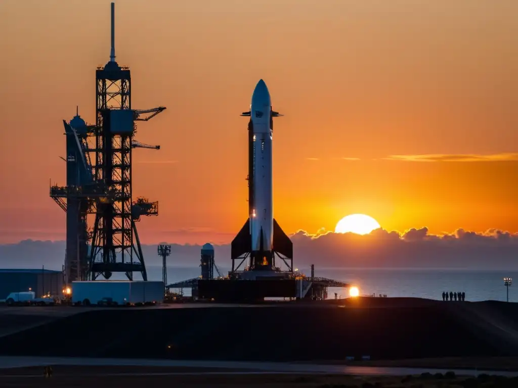 Exploración espacial con Starship de SpaceX: Preparativos finales en el atardecer, ingenieros rodean la nave espacial futurista en el lanzamiento