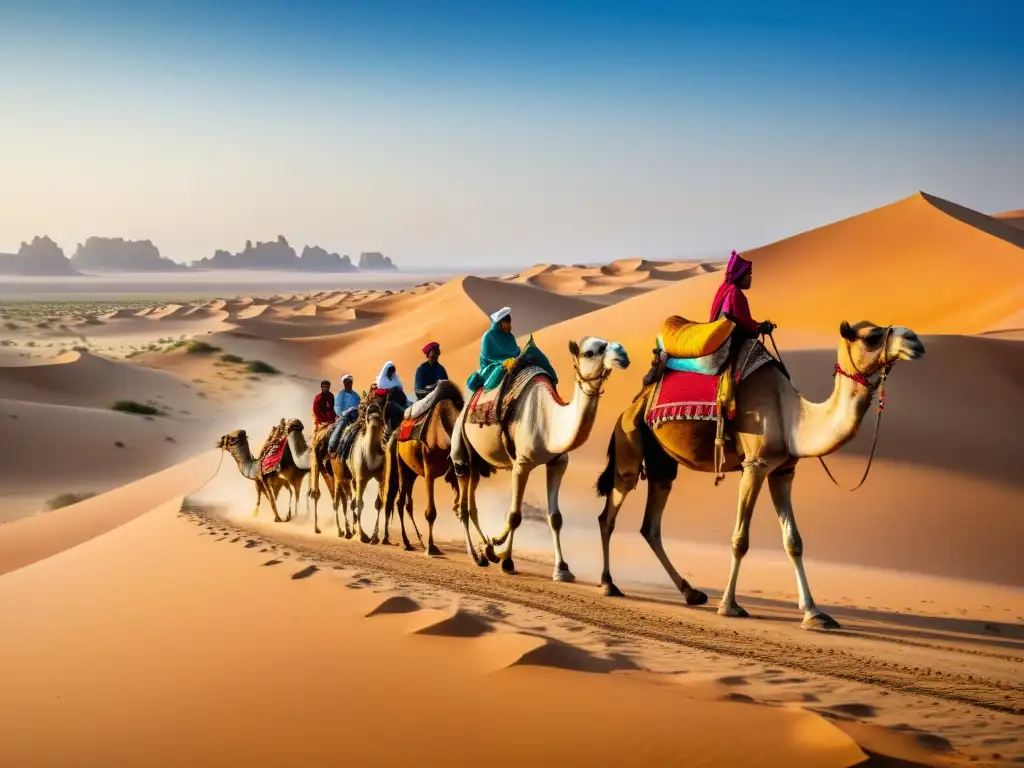 Exploración de rutas milenarias a través del transporte terrestre en un desierto con caravana de camellos