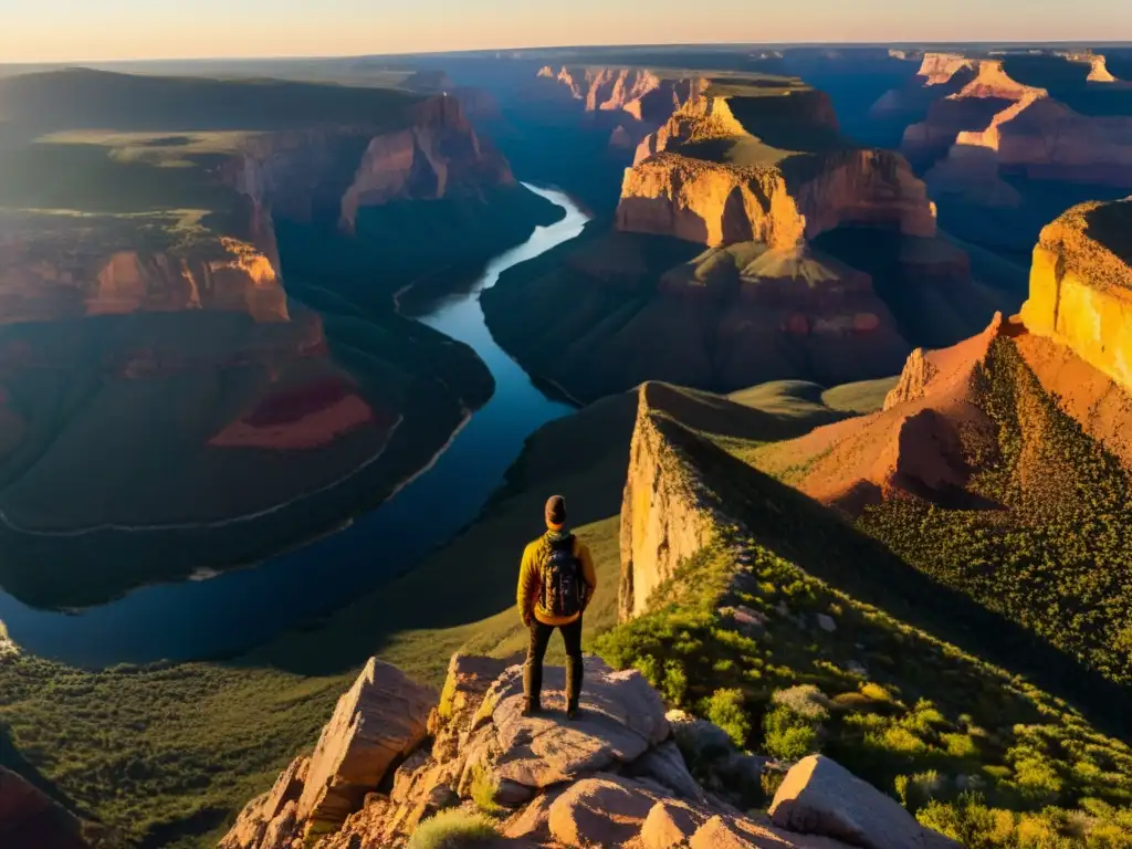 Explorador contemplando un atardecer en la naturaleza salvaje, reflejando la belleza de la navegación offline sin internet