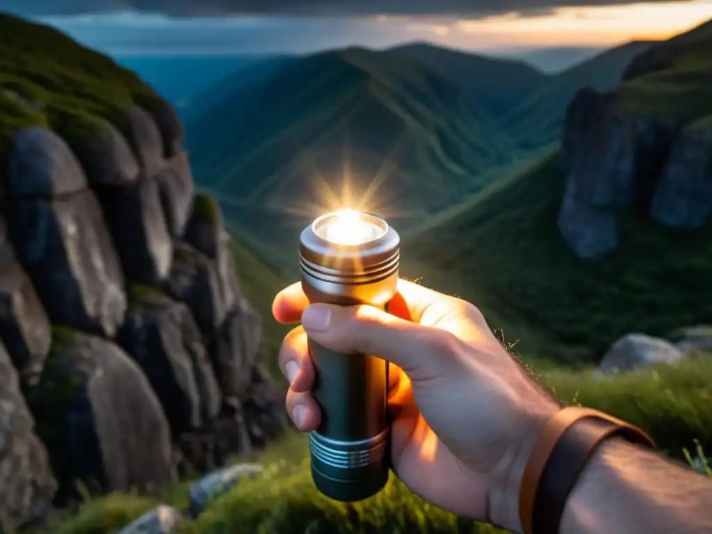 Un explorador sostiene una linterna de alta tecnología, iluminando el terreno oscuro