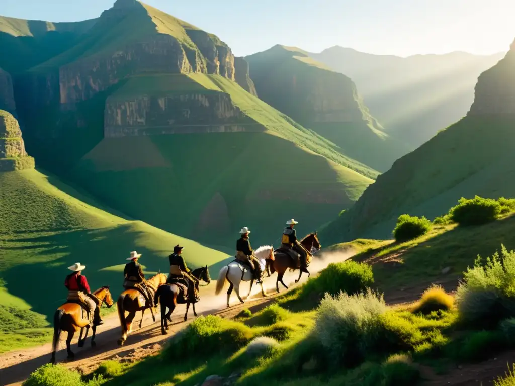 Exploradores a caballo atraviesan un escarpado paso montañoso al atardecer, destacando el papel del caballo en transporte