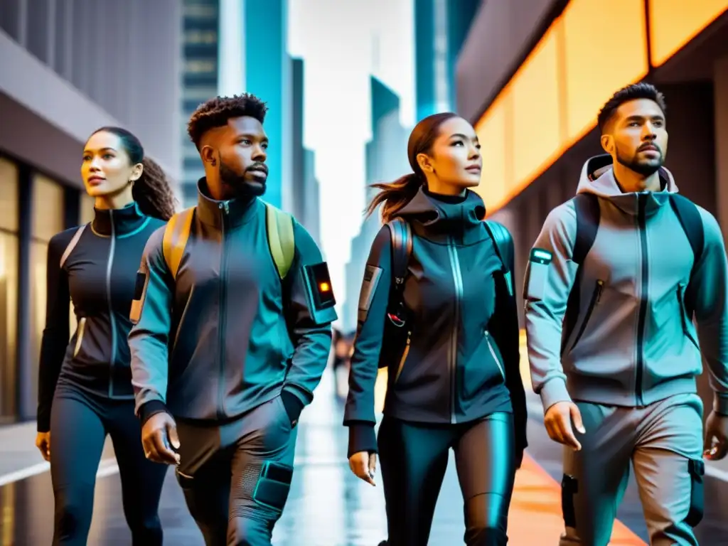 Exploradores urbanos con tendencias de ropa wearable, fusionando moda y tecnología en la ciudad