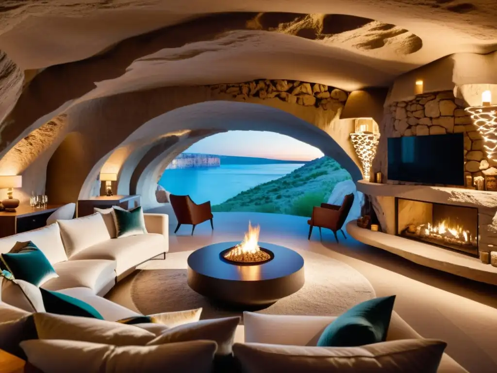 Exquisita suite de hotel subterráneo de lujo con sala espaciosa, chimenea y vista a caverna con lago