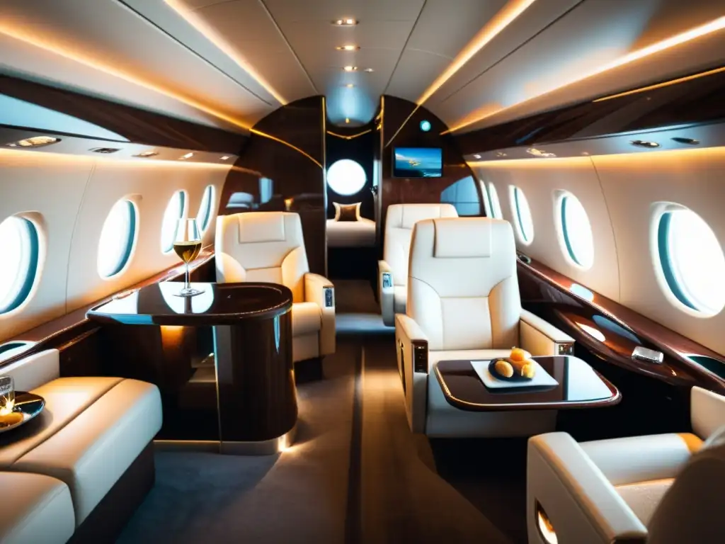 Exquisito interior de jet privado, pasajeros disfrutan de lujo y comodidad, creando una atmósfera de exclusividad y sofisticación