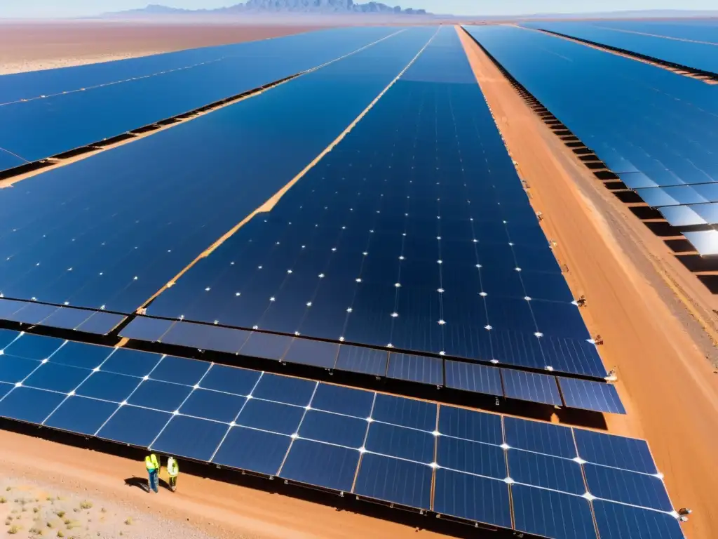 Un extenso campo de paneles solares en un desierto, trabajadores inspeccionando y vehículos eléctricos en el horizonte