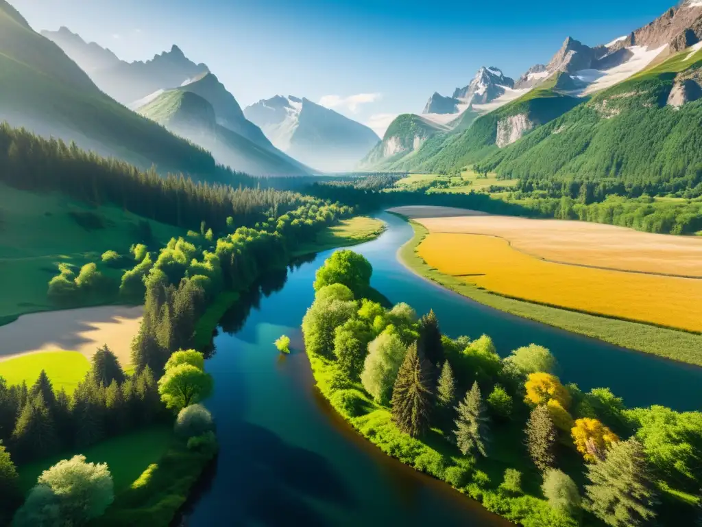 Un exuberante paisaje natural con ríos, montañas y árboles antiguos