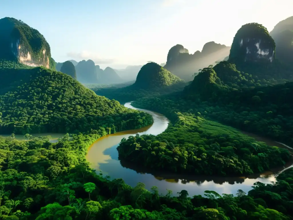 Una exuberante selva en Borneo con un río serpenteante, luz solar filtrándose entre el dosel y una canoa tradicional navegando