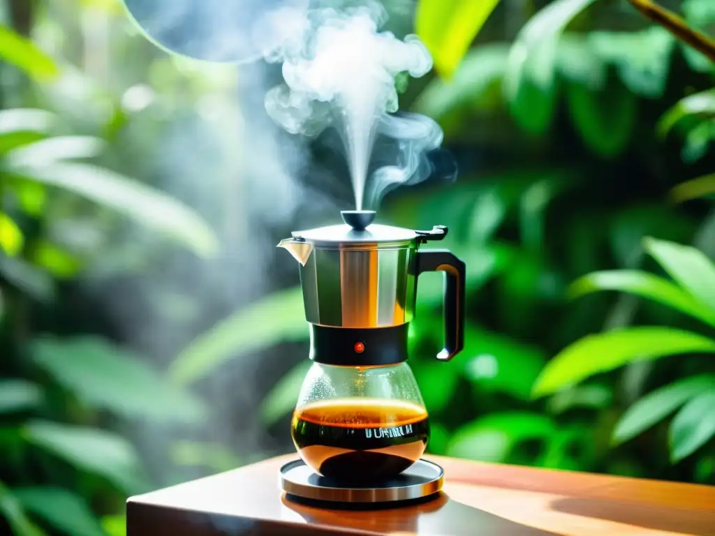 En la exuberante selva, un viajero utiliza una cafetera portátil para amantes del café, mientras el vapor se mezcla con la naturaleza