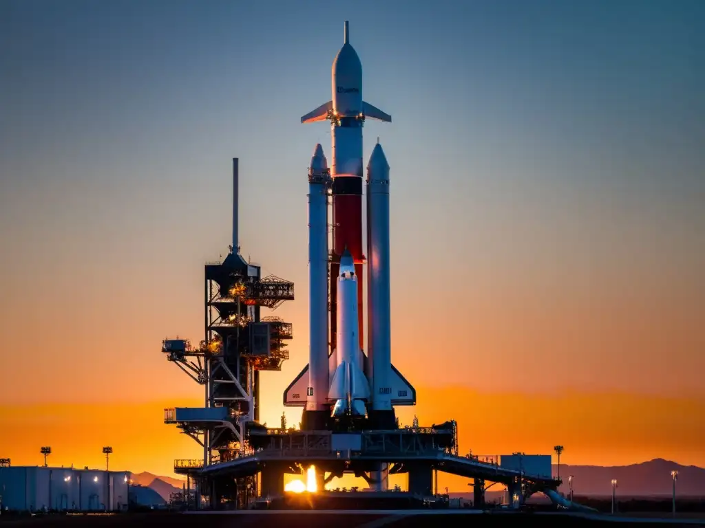 Falcon Heavy en la plataforma de lanzamiento, con el sol poniéndose y detalles visibles