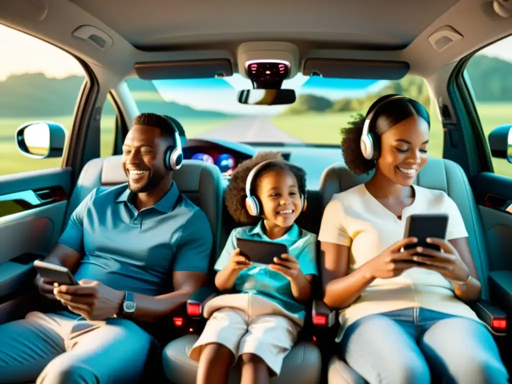 Una familia disfruta de innovaciones en sistemas de entretenimiento para pasajeros en un lujoso SUV, mientras viajan por una ruta escénica