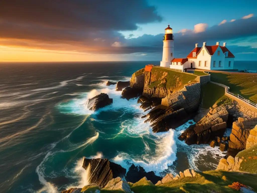 Un faro antiguo en un acantilado, con olas rompiendo y un cielo dramático al atardecer