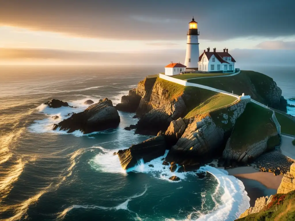 Un faro histórico ilumina la costa en un atardecer, destacando la importancia de visibilidad y seguridad en el transporte marítimo