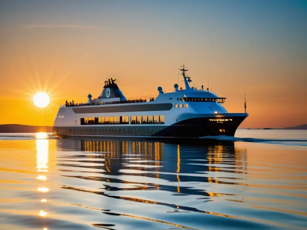 Un ferry moderno y elegante navega en aguas tranquilas al atardecer, reflejando la historia y evolución del transporte marítimo