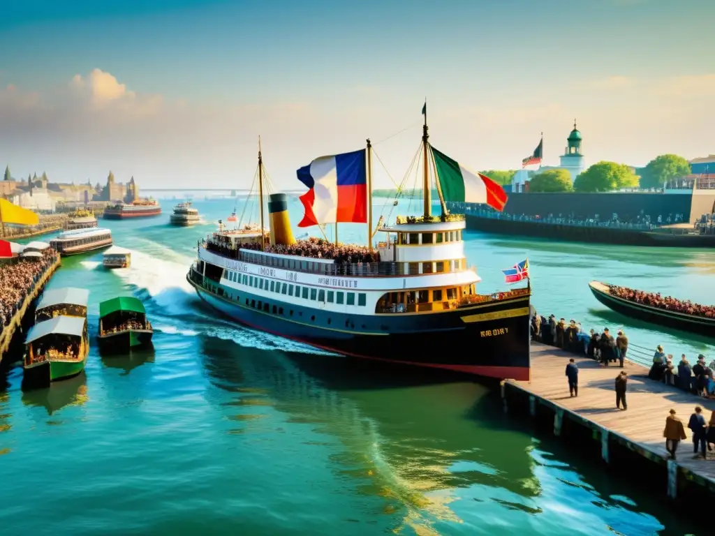 Un ferry vintage navega en un bullicioso puerto del siglo XX, mostrando la historia y evolución del transporte marítimo