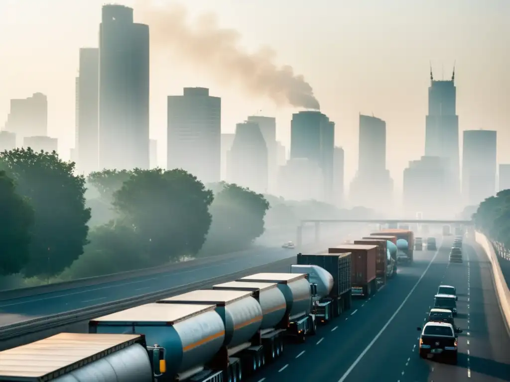 Una fila de camiones pesados emitiendo humo en una autopista congestionada, rodeados de smog y con un horizonte urbano contaminado de fondo