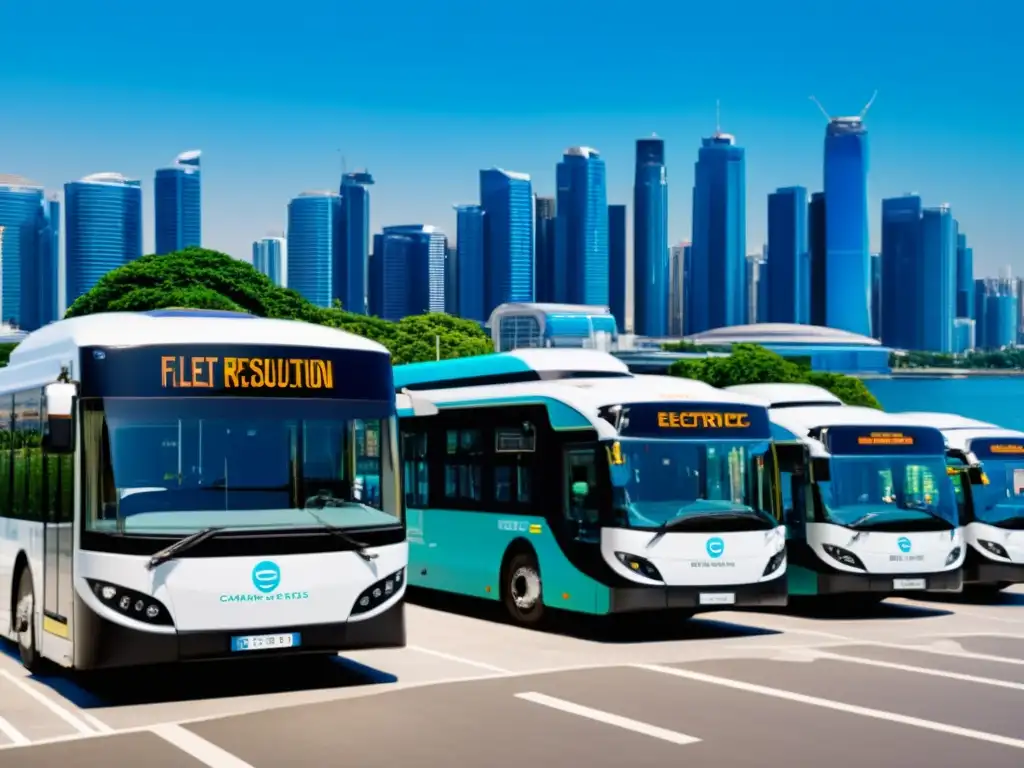 Flota de autobuses eléctricos cargando en estación con impacto ambiental positivo en la ciudad