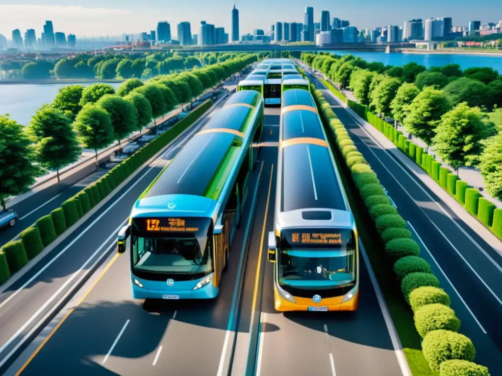 Flota de autobuses de hidrógeno en una ciudad vibrante, integrando un futuro sostenible en medios de transporte