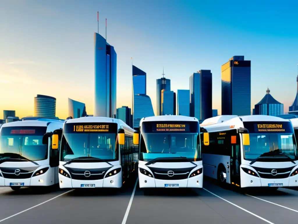 Flota de autobuses con tecnología EURO VI en depósito, con skyline urbano al fondo