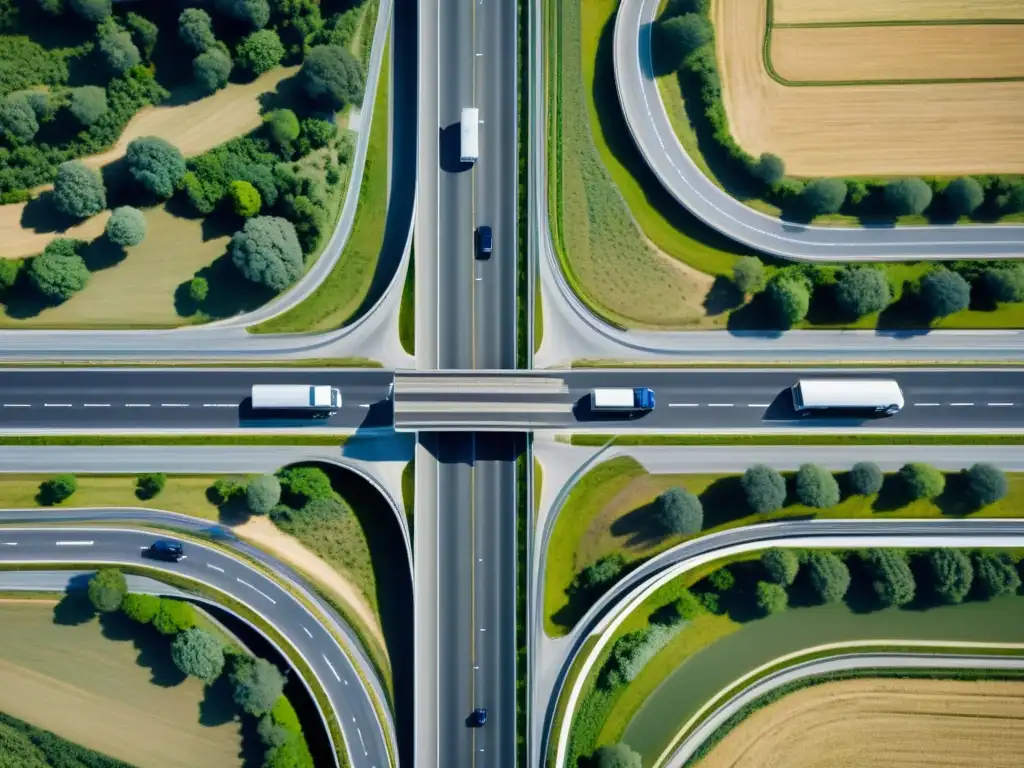 Flota de camiones modernos en una autopista, demostrando la eficiencia de la tecnología satelital en transporte terrestre