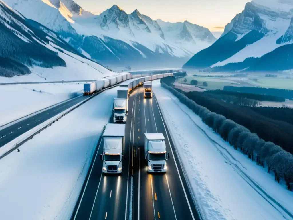 Flota de camiones refrigerados en carretera rodeada de montañas nevadas, destacando la optimización de rutas de transporte en entornos desafiantes