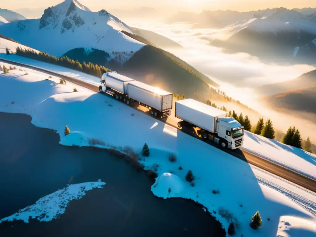 Flota de camiones refrigerados en montañas nevadas con la luz del amanecer