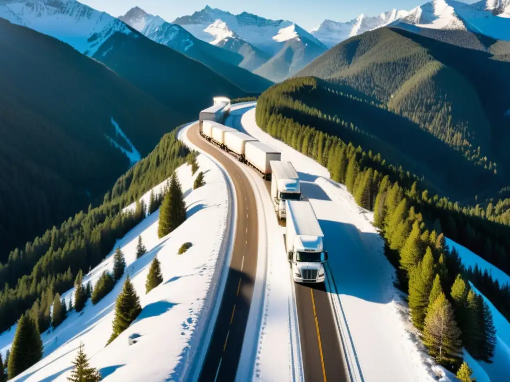 Una flota de camiones refrigerados recorre una sinuosa carretera de montaña, rodeada de picos nevados y bosques de pinos