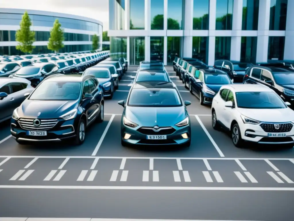 Flota de coches modernos en estacionamiento corporativo