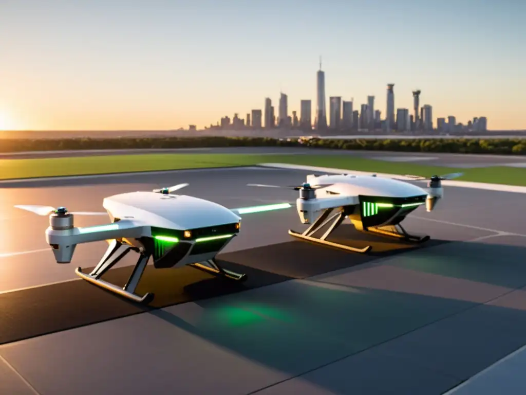 Una flota de drones blancos con acentos verdes en una plataforma futurista al atardecer