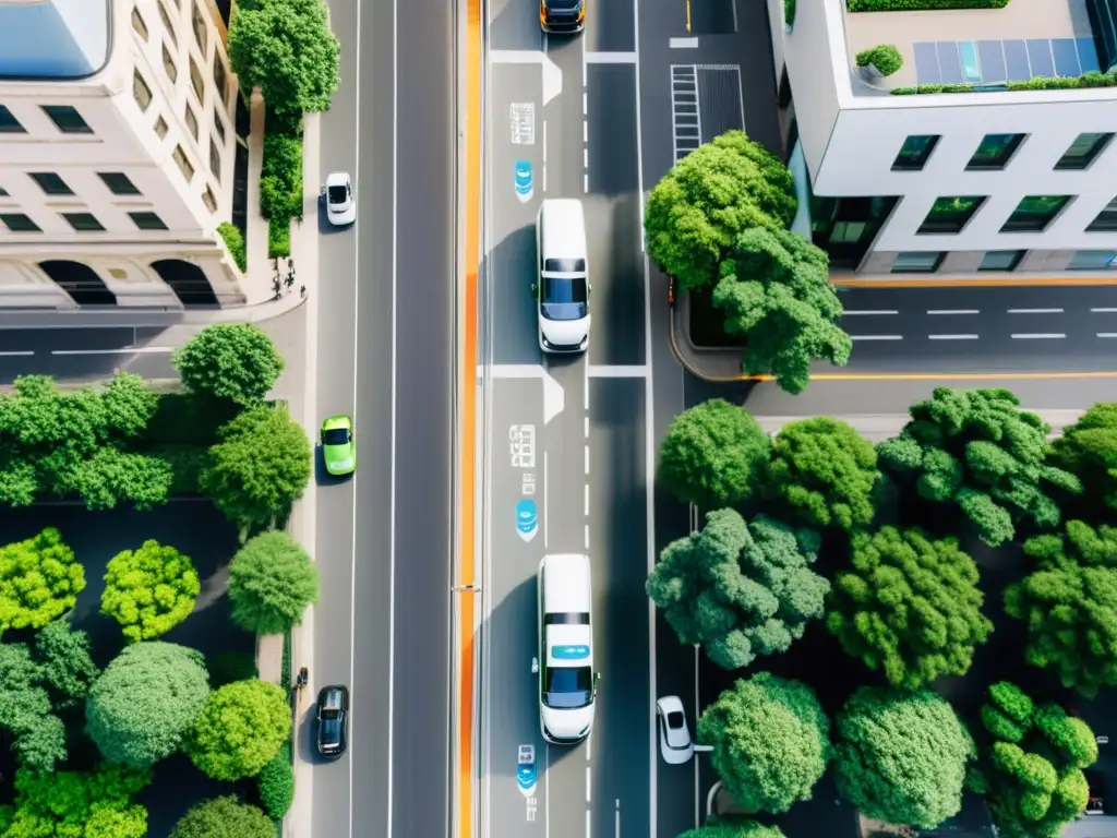 Flota de furgonetas eléctricas en la ciudad, mostrando la gestión de flotas verdes sostenibles en un entorno urbano vibrante y dinámico