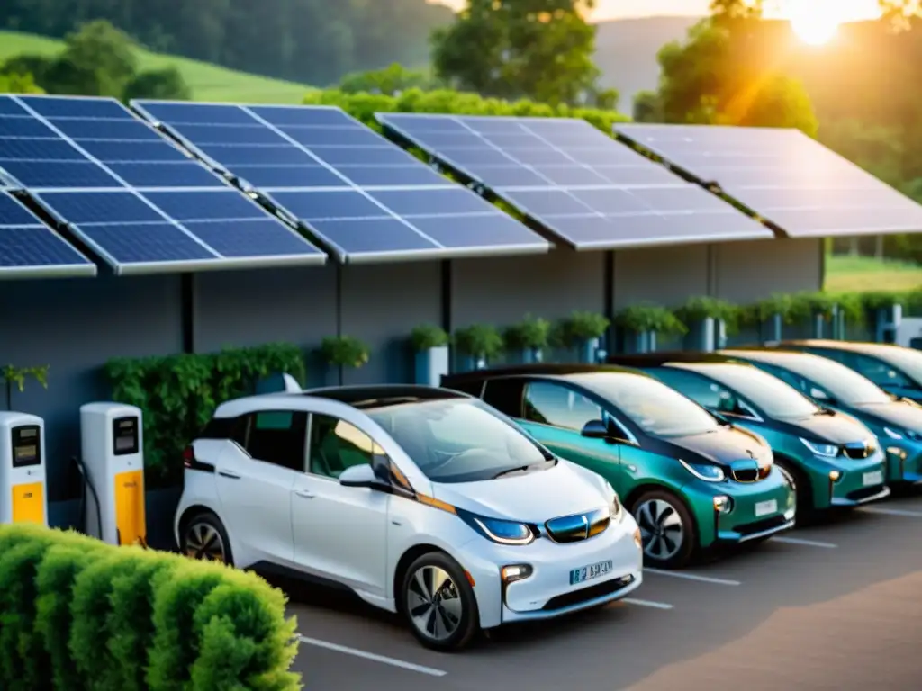 Flota de vehículos eléctricos en estación de carga solar, reflejando gestión de flotas verdes sostenibles en armonía con la naturaleza