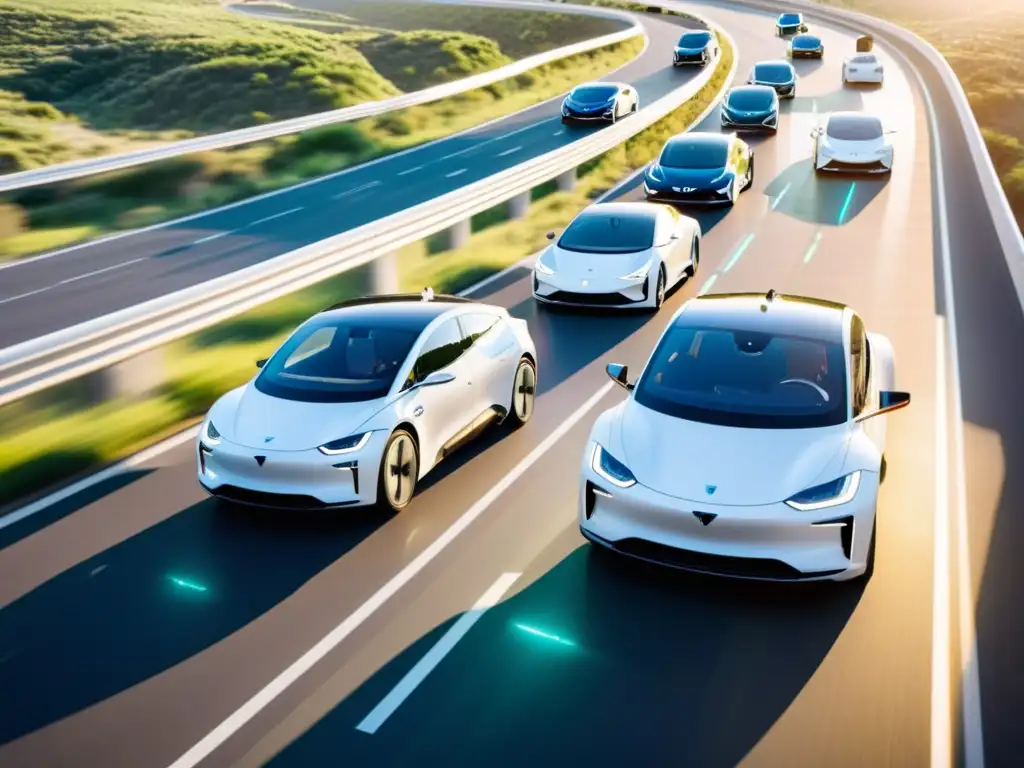 Una flota de vehículos eléctricos futuristas, con tecnología avanzada y logos de seguros líderes, avanza en formación perfecta por una autopista soleada