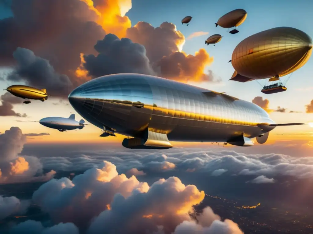 Una flota de zepelines modernos surca majestuosamente el cielo al atardecer, evocando la evolución de los zepelines en transporte aéreo