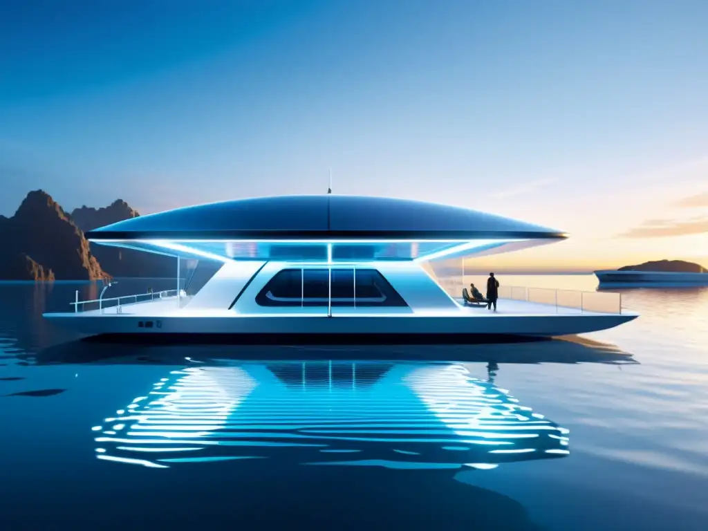 Estación flotante futurista para transporte acuático, con diseño aerodinámico, paneles solares y pasajeros embarcando y desembarcando