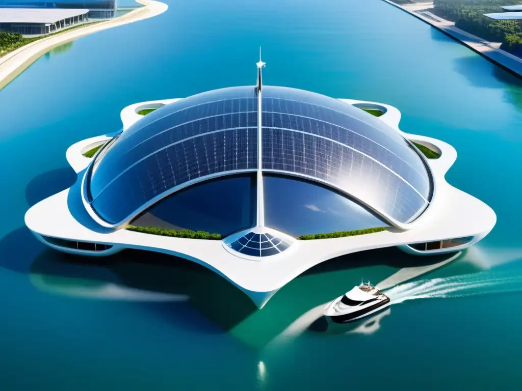 Estación flotante futurista de transporte acuático con paneles solares, integrada con la ciudad