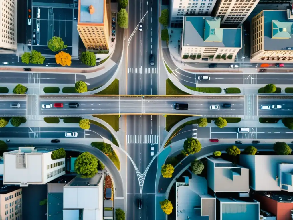 Foto aérea de alta resolución de un bullicioso cruce en una gran ciudad, mostrando la evolución de la organización del tráfico en la historia urbana