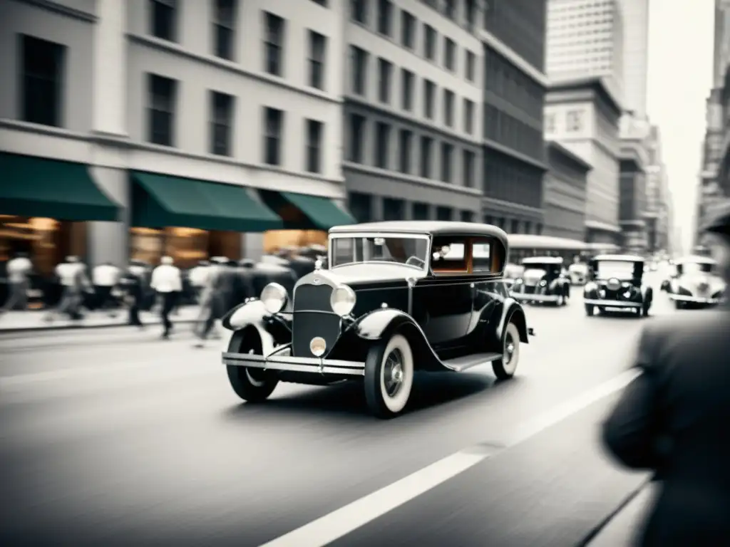 Foto en blanco y negro de un clásico coche en movimiento en la ciudad, evocando la evolución del automóvil en cine