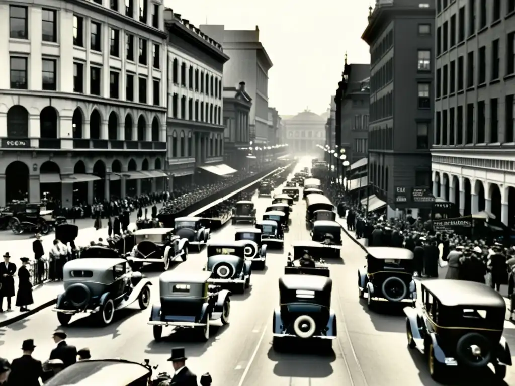 Foto en blanco y negro de una concurrida calle urbana del siglo XX con coches vintage y carros de caballos