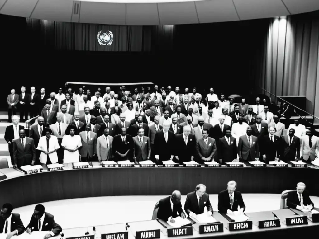 Foto en blanco y negro de la firma de la Convención de la ONU sobre el Derecho del Mar en la conferencia histórica de 1982 en Montego Bay