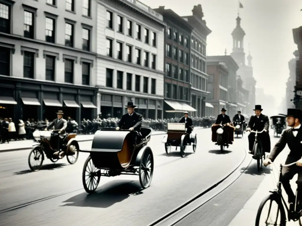 Una foto en blanco y negro de gente montando bicicletas en una bulliciosa calle de la ciudad a principios de 1900