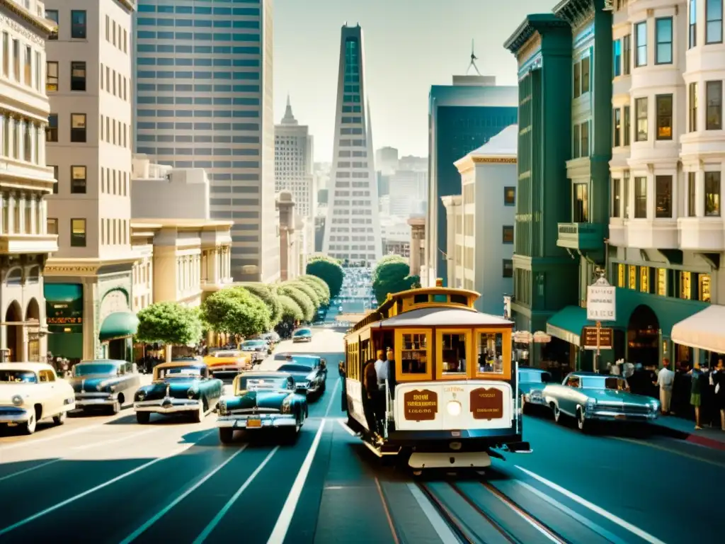 Foto en blanco y negro de la icónica historia del tranvía en San Francisco, con bulliciosa calle y emblemáticos cable cars